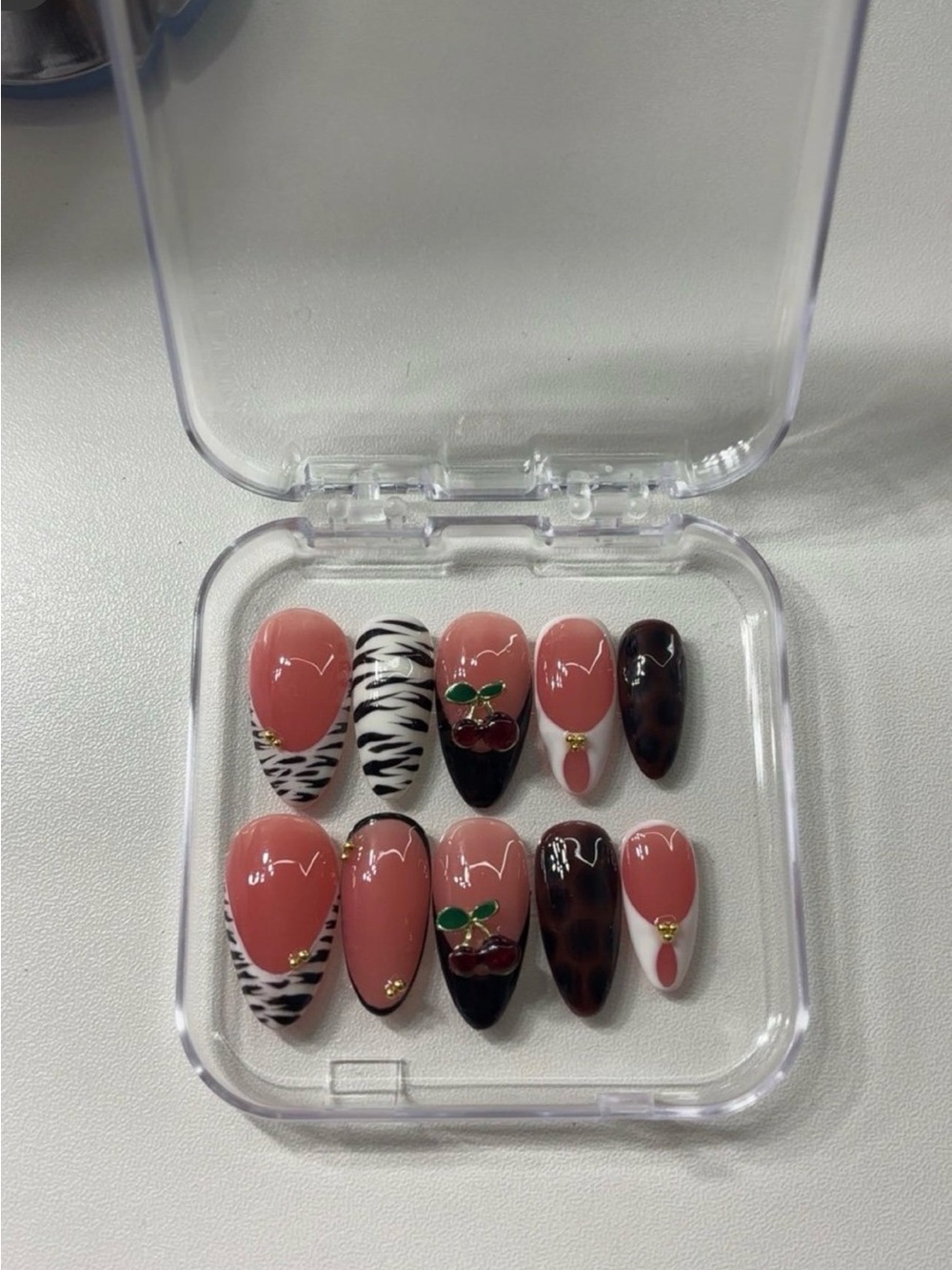 Handmade Press-On Nails Set with White, Brown, Black & Animal Print Accents